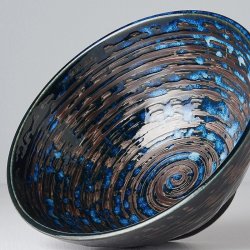 MIJ Ceramic Udon Bowl Blue Copper Swirl 20cm